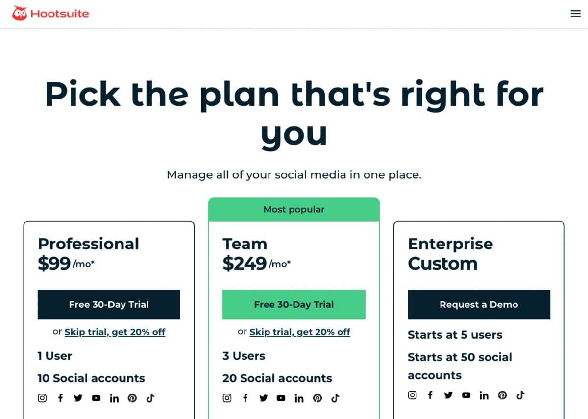 Hootsuite pricing plans