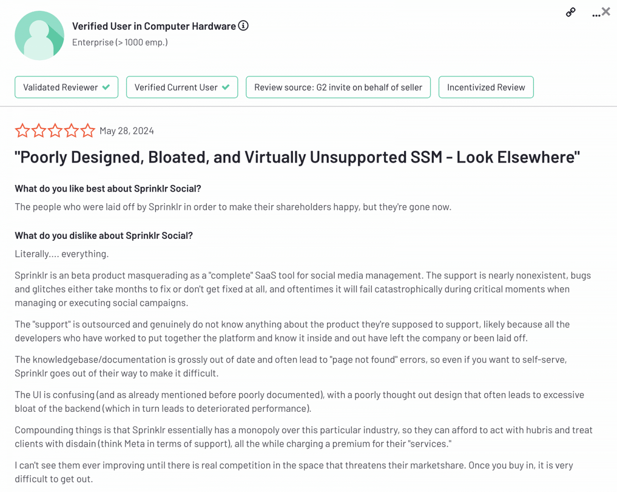 G2 review covering Sprinklr's customer support